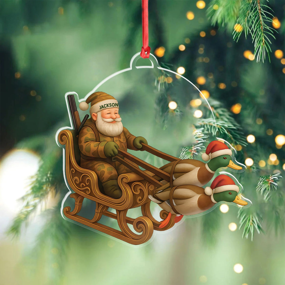 Blisscorners Personalized Funny Santa Hunter Acrylic Ornament- Duck Hunting Christmas Wall Art, Santa Claus with Ducks Sleigh, Custom Hunter Gift for Men LM0411