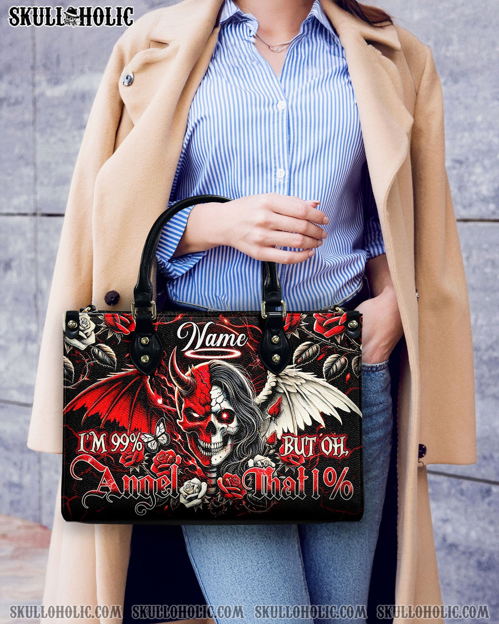 BLISSCORNERS I'M 99 PERCENT ANGEL LEATHER HANDBAG