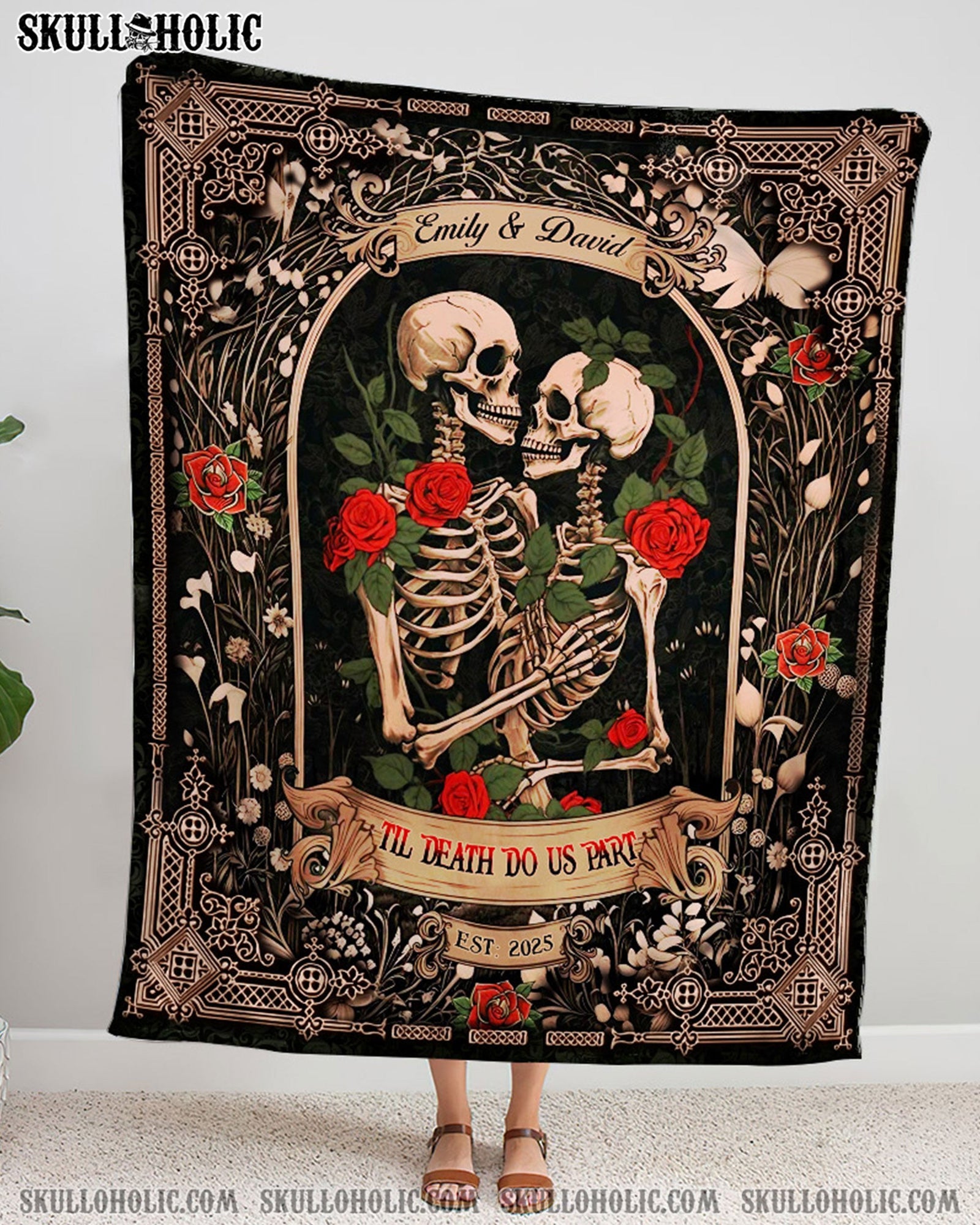 BLISSCORNERS PERSONALIZED DARK ROMANTIC SKELETON COUPLE FLEECE BLANKET