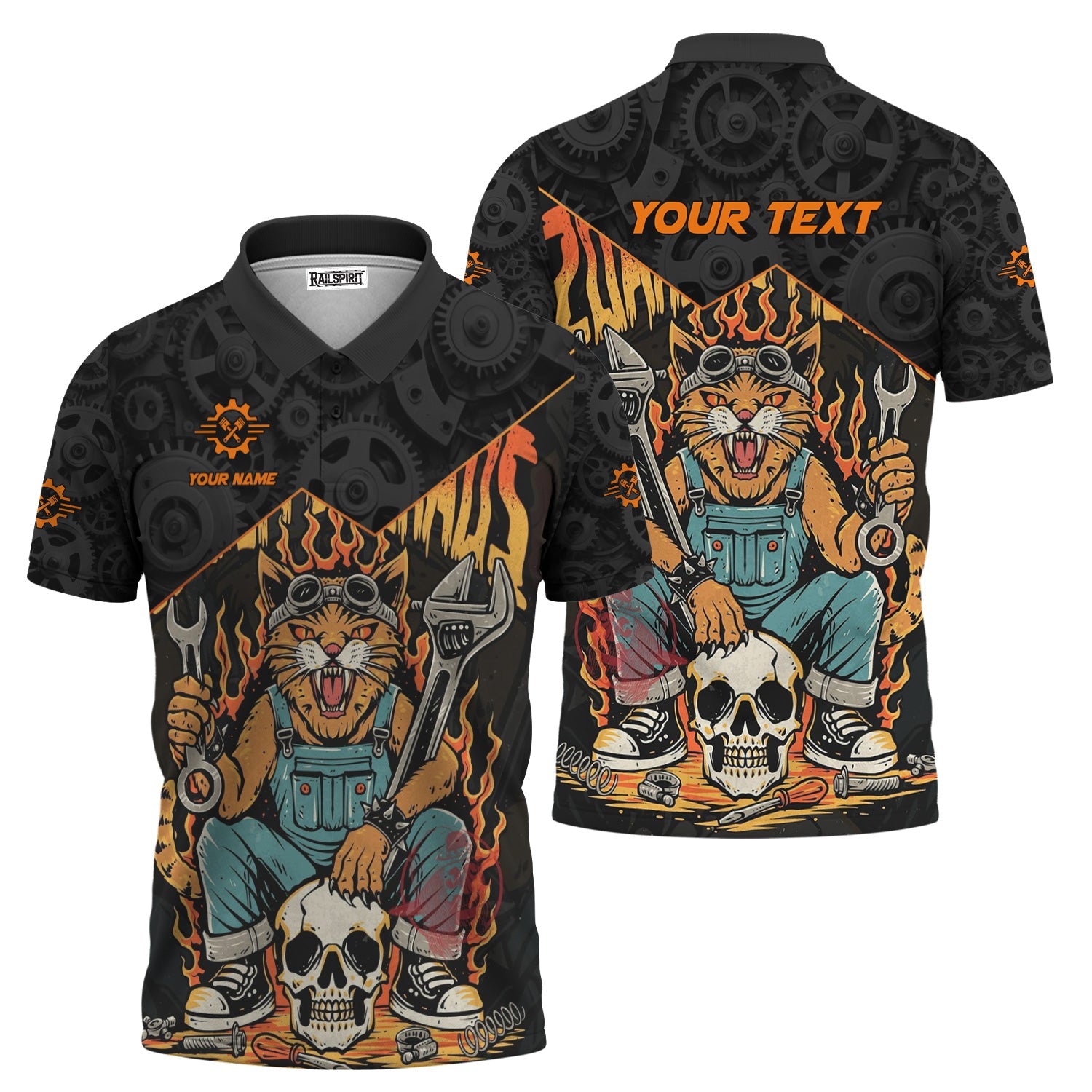 Blisscorners Personalized Mechanic Shirt Custom Name Funny Cat Skull Wrench Flames Auto Repair Garage Workwear Tee Car Repair Shirt Gift For Men Dad