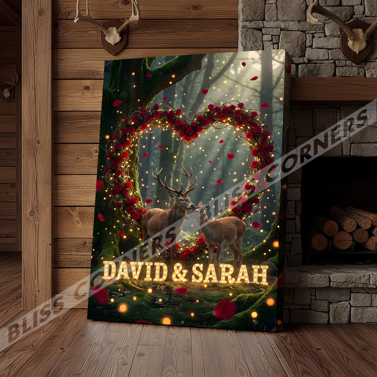 Blisscorners Deer Couple Rose Heart Forest Light Effect Personalized Name Canvas
