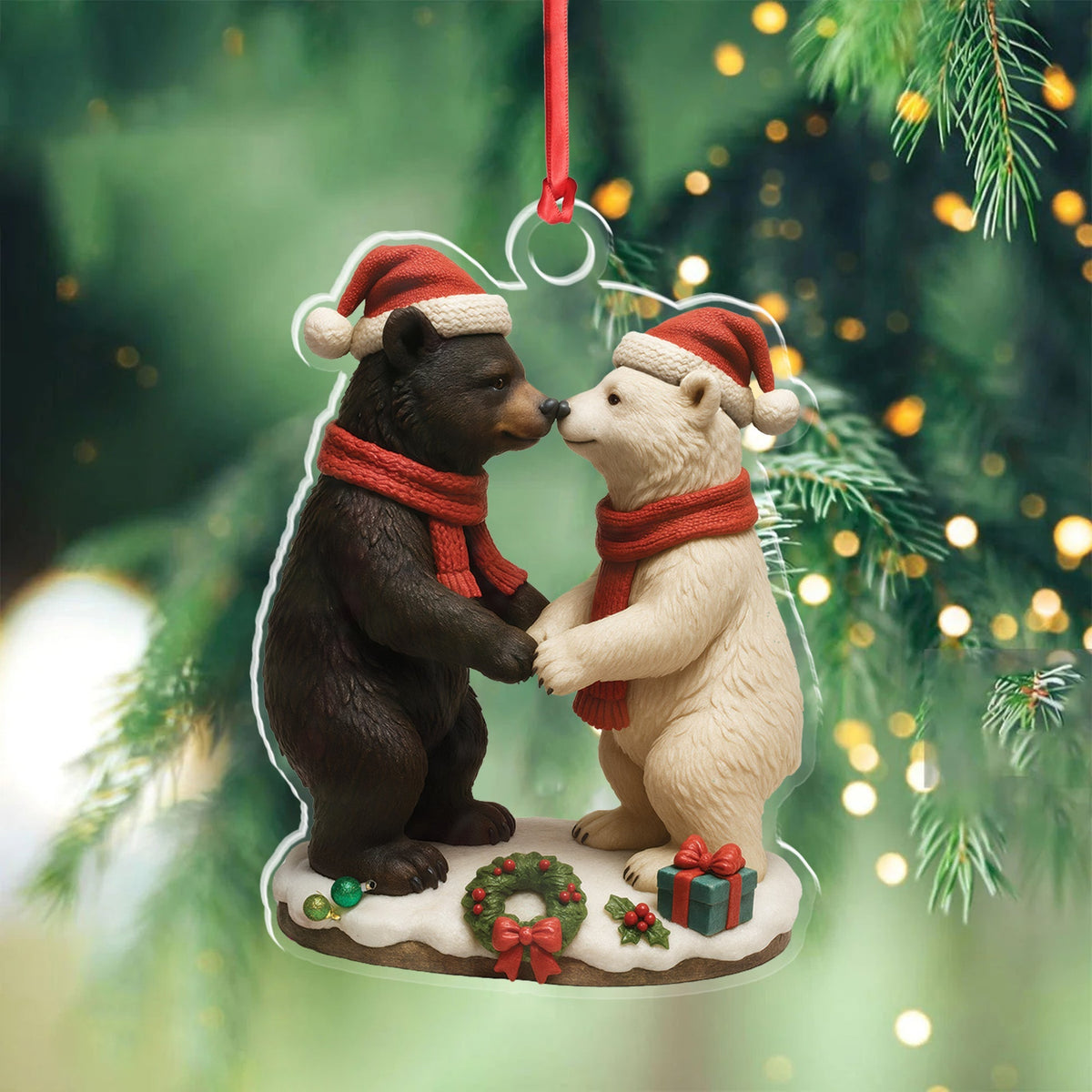 Blisscorners Christmas Bear Couple Figurine Acrylic Ornament - Cute Holiday Decor for Couples, Polar and Brown Bear Love Statue, Romantic Christmas Gift for Him or Her