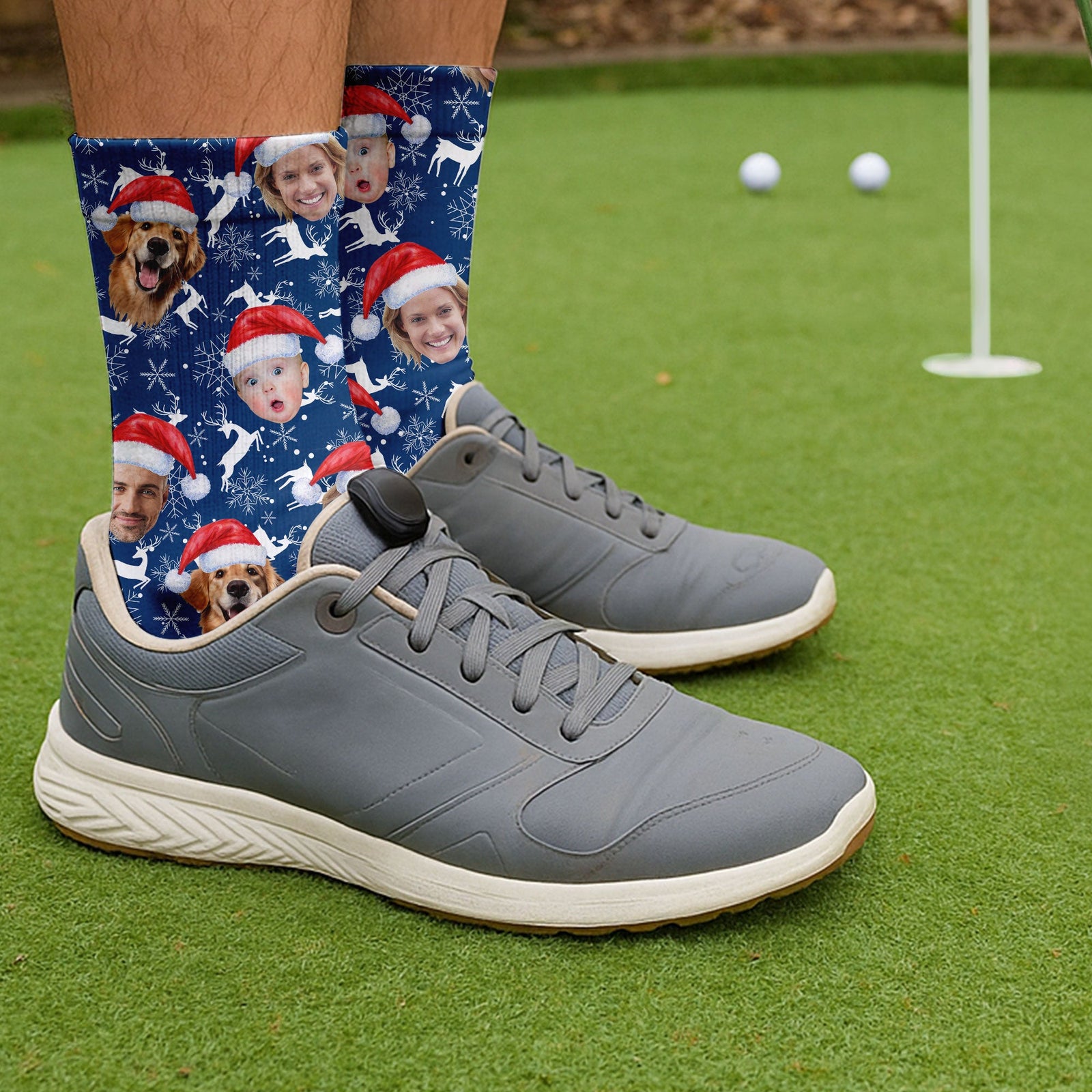 Blisscorners Custom Face Reindeer Pattern Navy Golf Socks, Christmas Golf Socks, Golf Gift IdeaLM2611