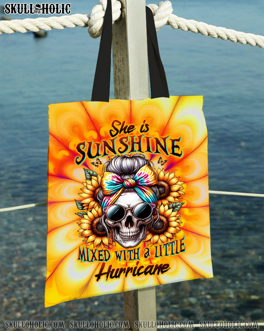 BLISSCORNERS SHE IS SUNSHINE SKULL TIE DYE TOTE BAG