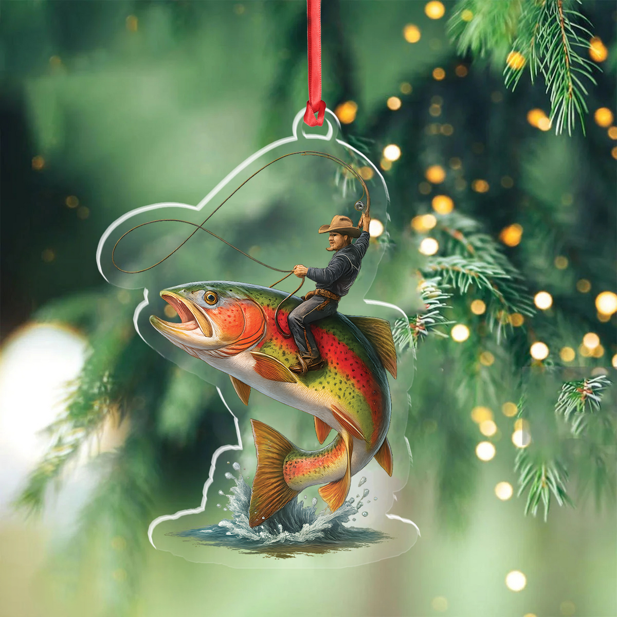 Blisscorners Personalized Funny Fishing Acrylic Ornament - Cowboy Riding Fish Christmas Decoration for Fishermen LM0411