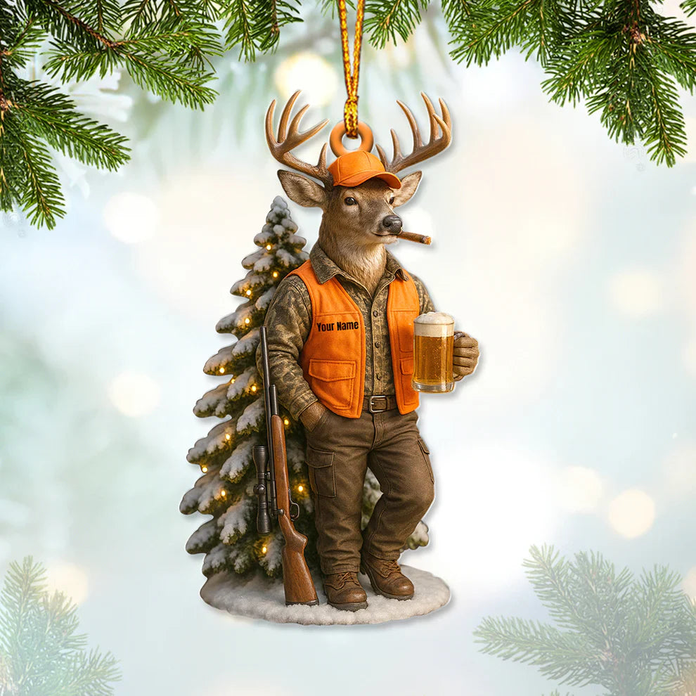 Blisscorners Deer Hunter Christmas Ornament, Custom Name Hunting Ornament, Beer & Buck Holiday Decor, Gift for Hunters and Outdoorsmen