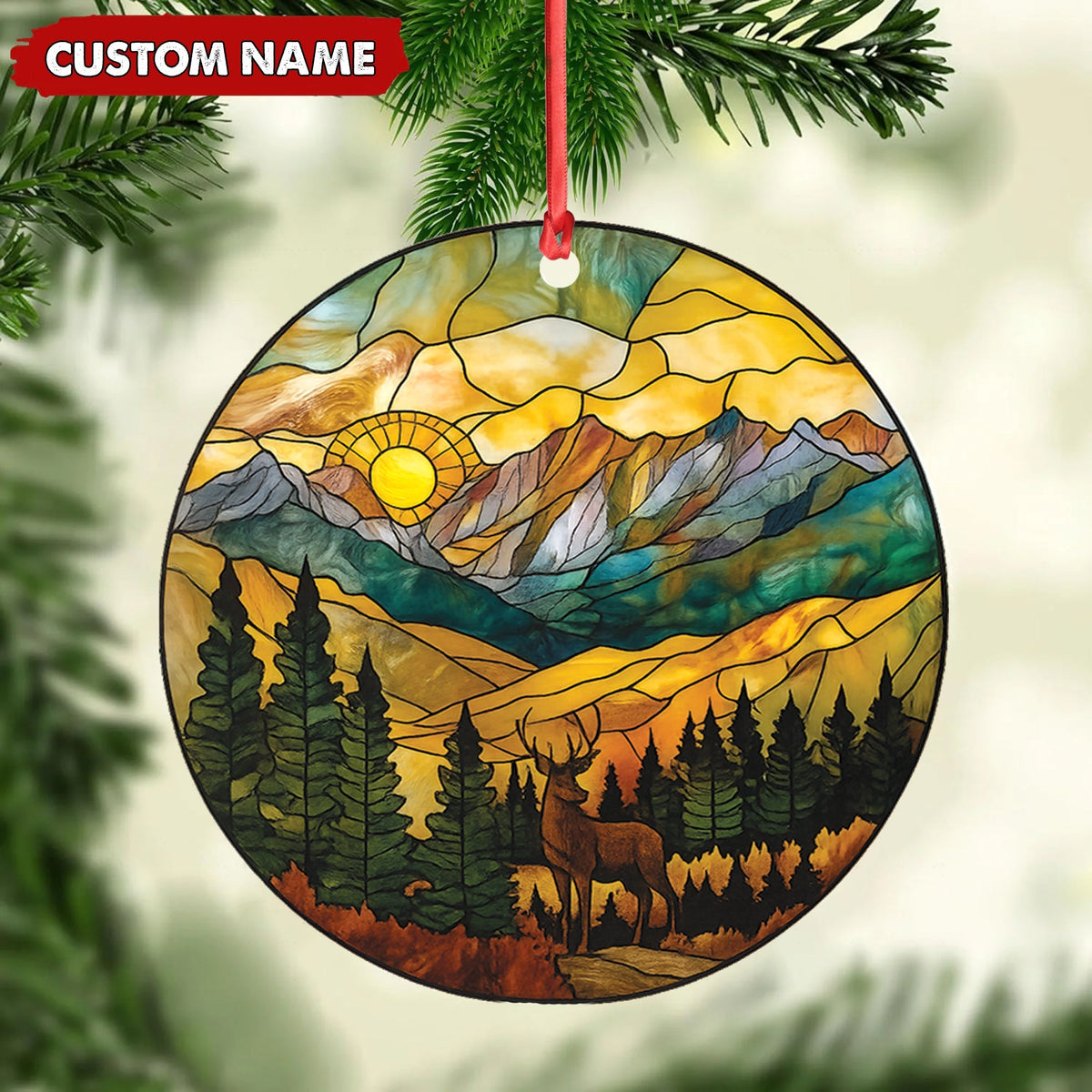 Blisscorners Personalized Deer Stained Glass Acrylic Ornament - Mountain Sunrise Christmas Tree Decoration Gift LM0411
