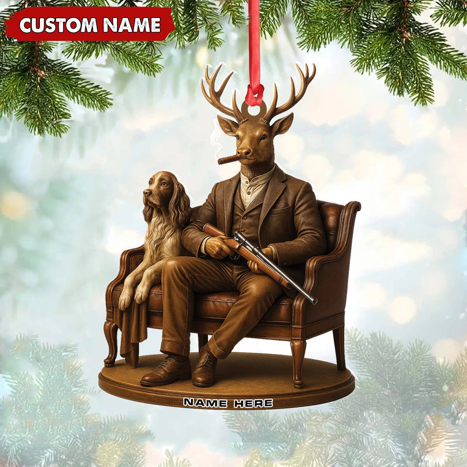 Blisscorners Personalized Acrylic Deer Christmas Ornament - Elegant Hunter Buck with Dog Holding Rifle Holiday Decor 2D Flat