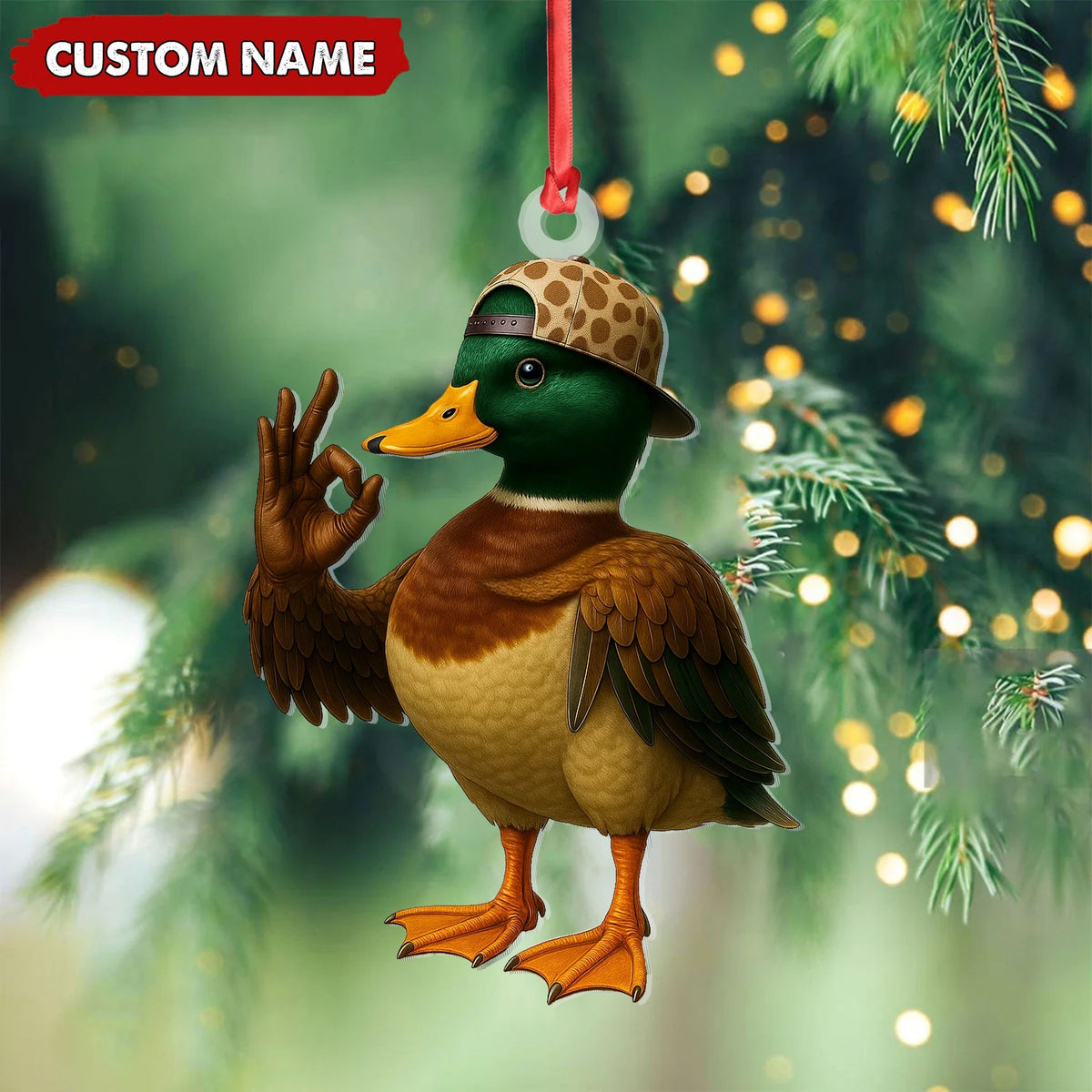 Blisscorners Personalized Cool Duck Christmas Ornament, Custom Name Mallard Wearing Hat, Funny Hipster Duck Tree Decoration
