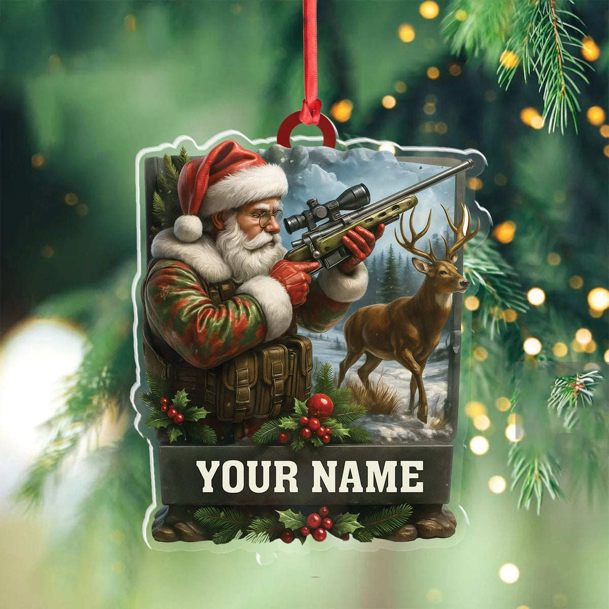 Blisscorners Custom Name Santa Hunter Ornament, Deer Hunting Christmas Tree Decor, Personalized Camo Gift