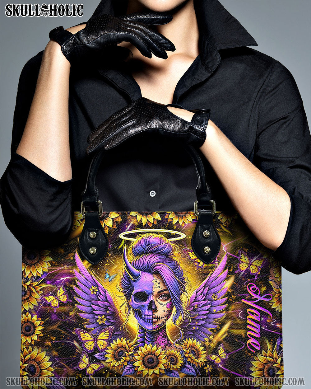 BLISSCORNERS SKULL LADY SUNFLOWER LEATHER HANDBAG