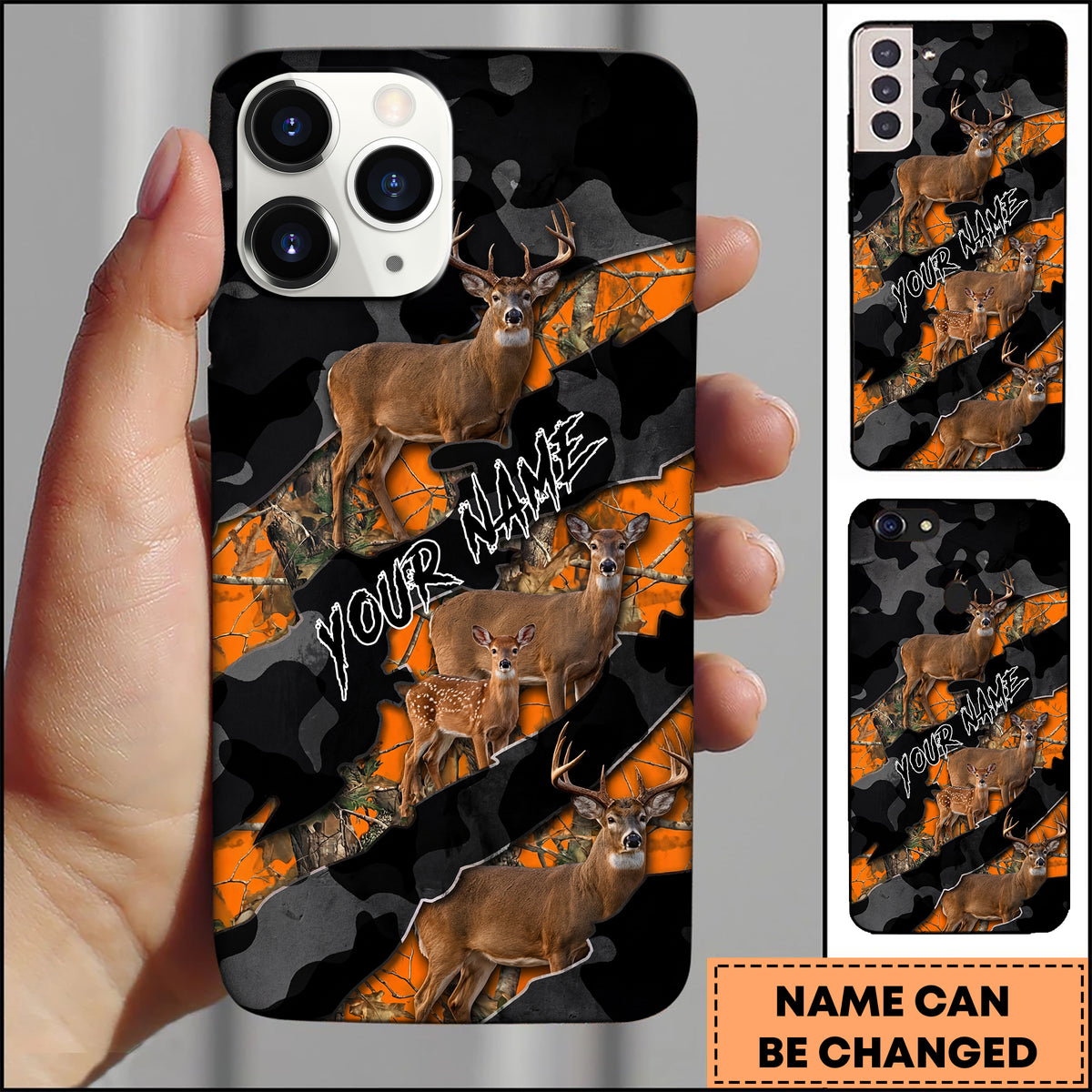 Blisscorners Artist Hunting Deer Family Orange Black Camo Diagonal Stripes Personalized Name Phone Case