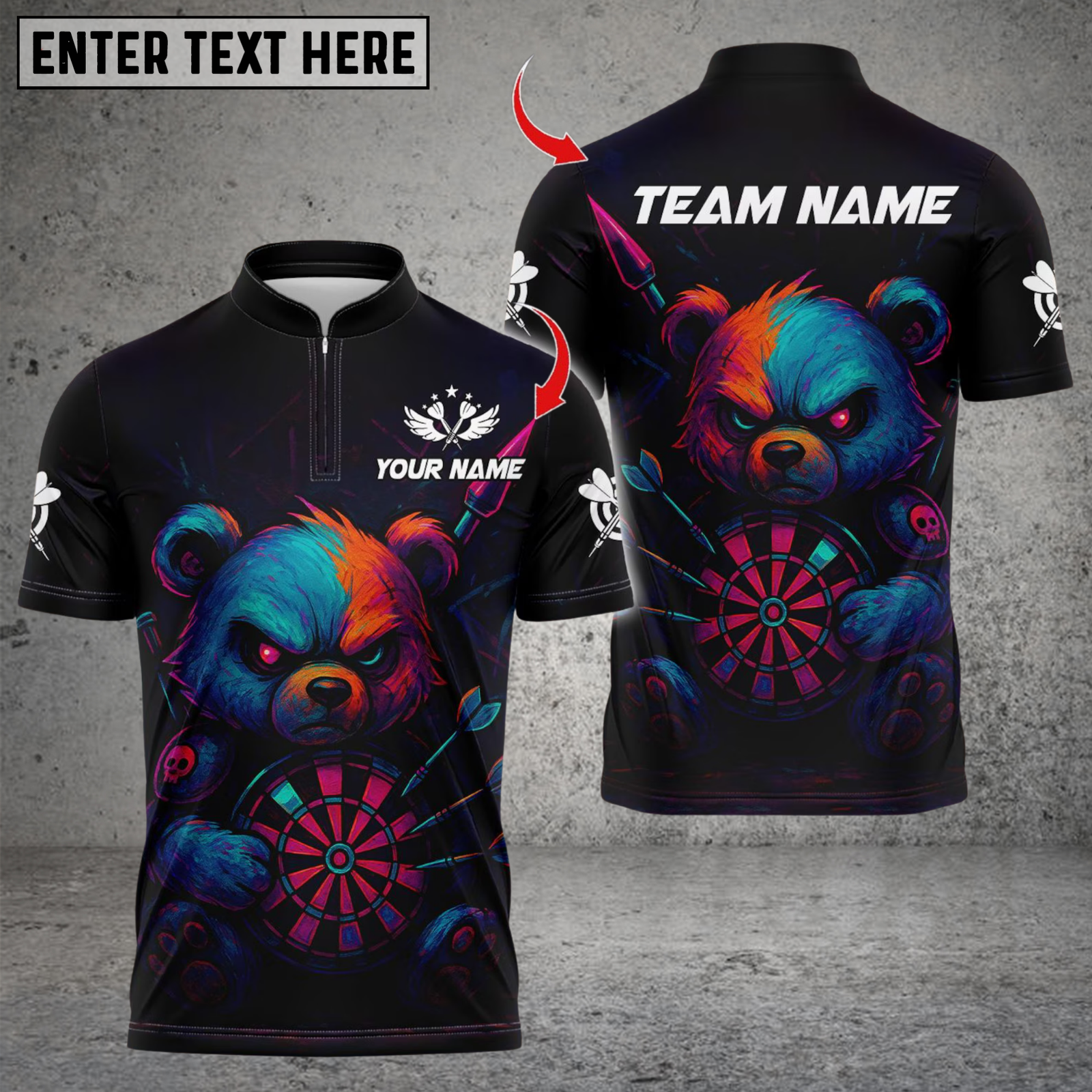 Blisscorners Darts Bear Neon Dark Style Multicolor Customized Name, Team Name 3D Shirts