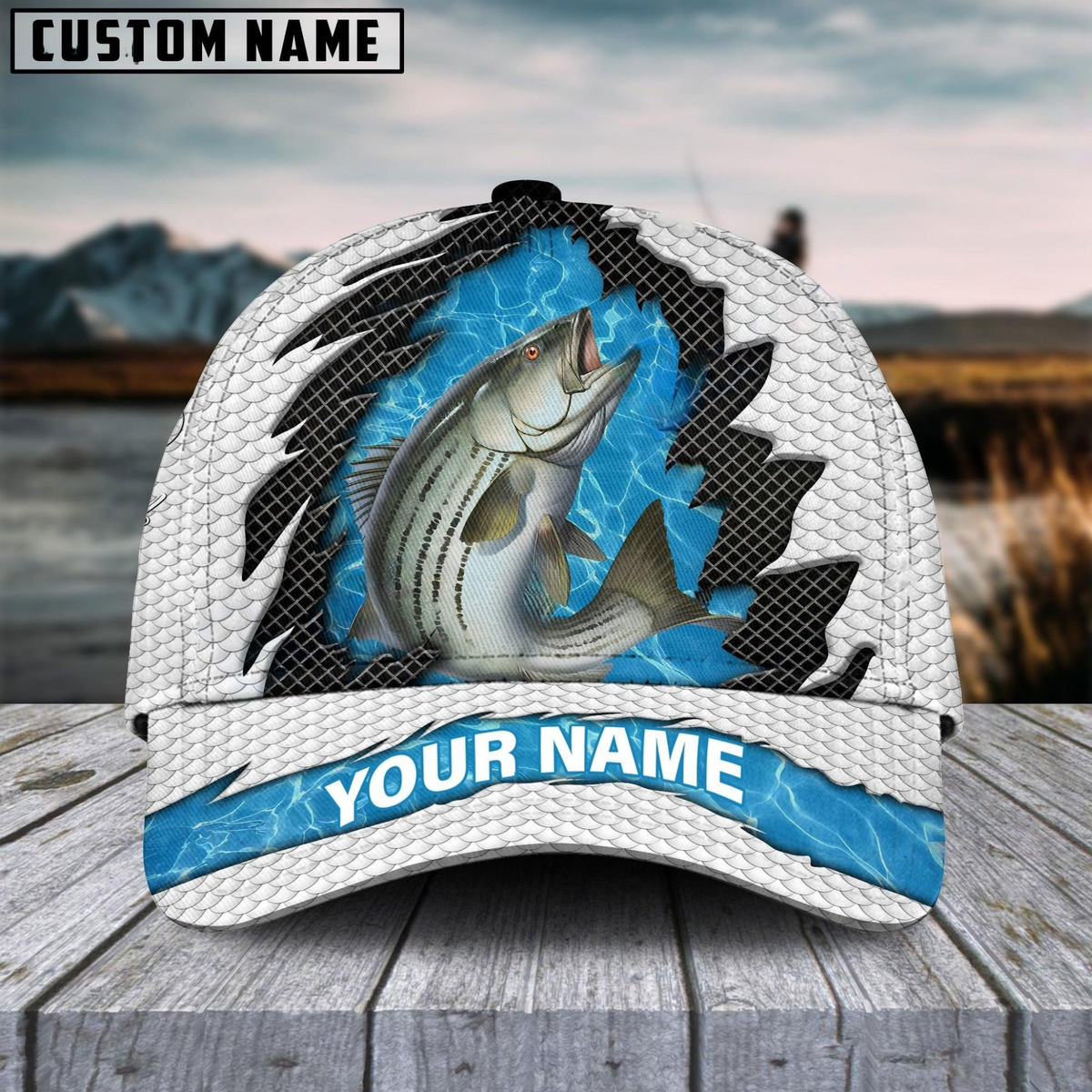Blisscorners Striped Bass Fishing White Blue Wave Fishnet Customized Name 3D Cap