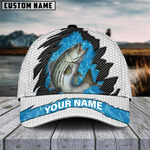 Blisscorners Striped Bass Fishing White Blue Wave Fishnet Customized Name 3D Cap