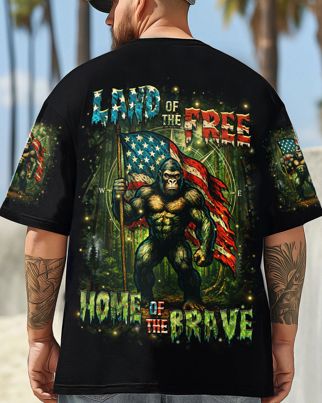 BLISSCORNERS HOME OF THE BRAVE LAND OF THE FREE BIGFOOT ALL OVER PRINT