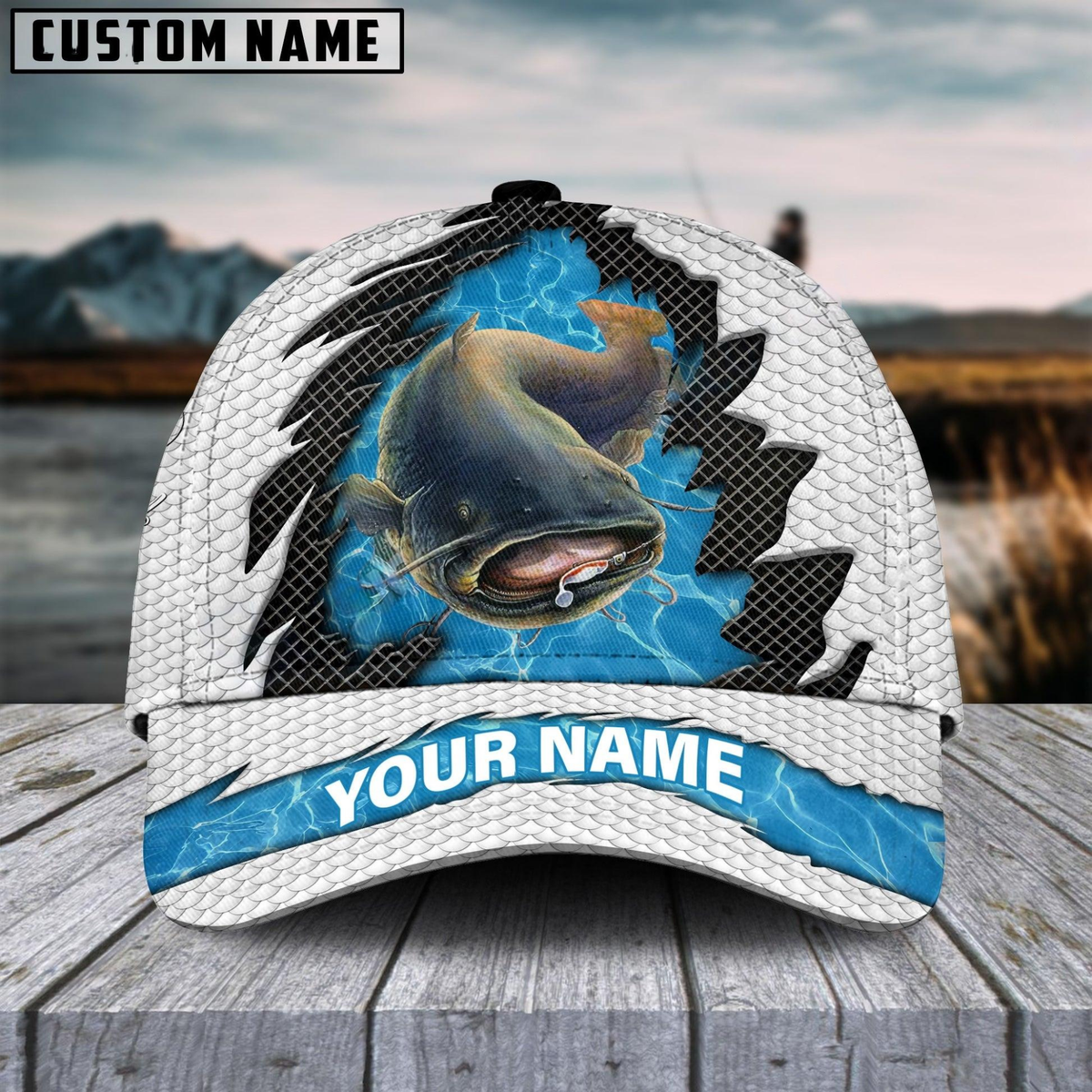 Blisscorners Catfish Fishing White Blue Wave Fishnet Customized Name 3D Cap