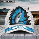 Blisscorners Salmon Fishing White Blue Wave Fishnet Customized Name 3D Cap