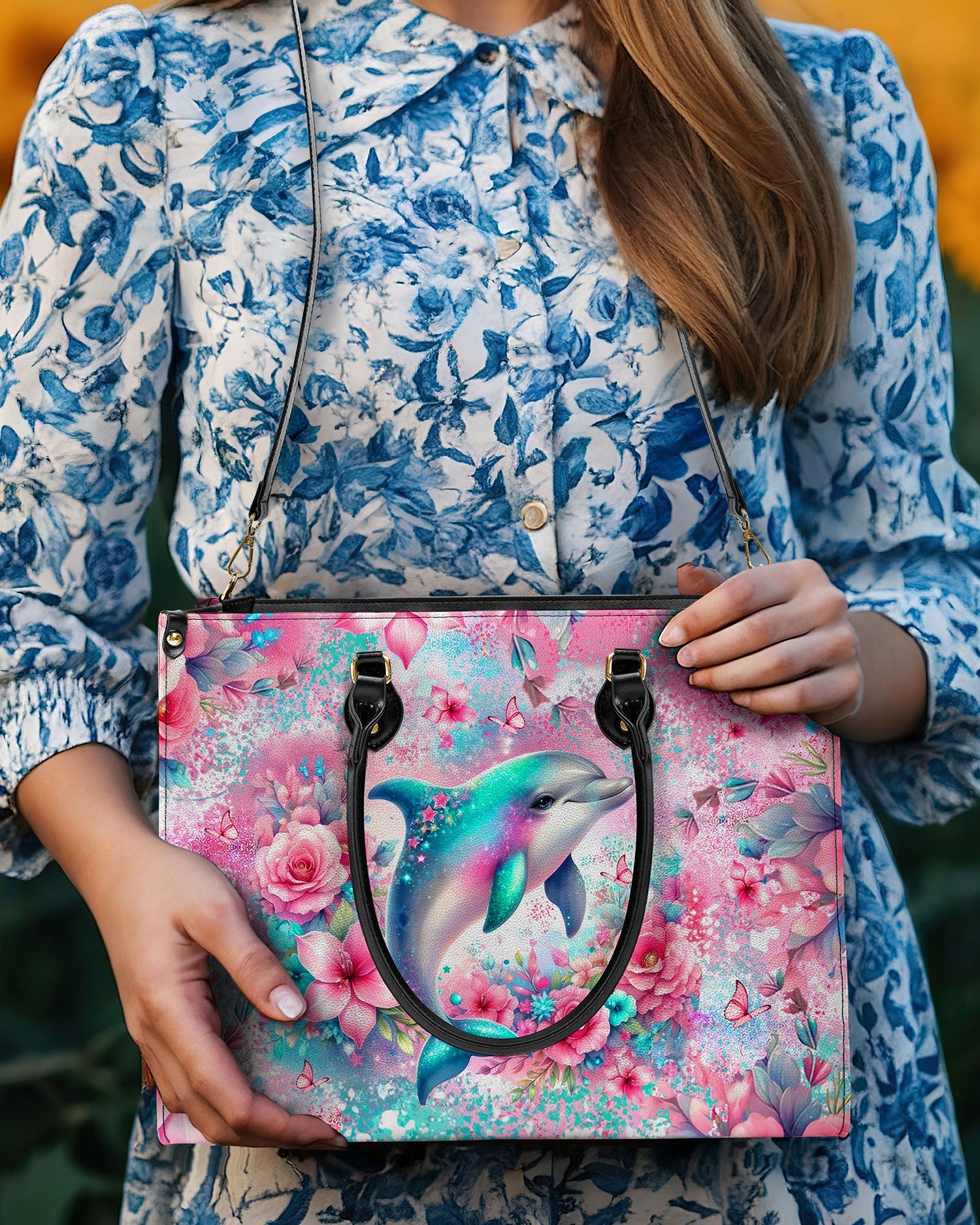BLISSCORNERS DOLPHIN FLORAL LEATHER HANDBAG