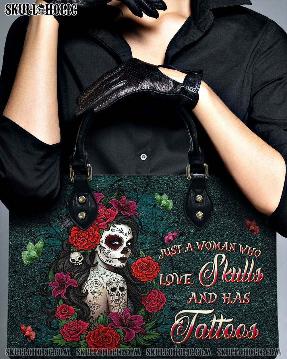 BLISSCORNERS JUST A WOMAN WHO LOVES SKULL AND HAS TATTOOS LEATHER HANDBAG