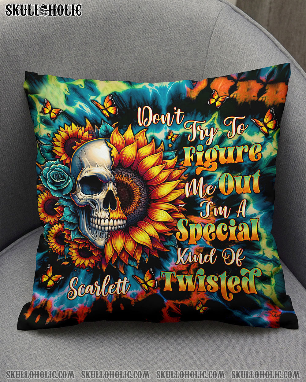 BLISSCORNERS PERSONALIZED DON'T TRY TO FIGURE ME OUT SKULL SUNFLOWER PILLOW
