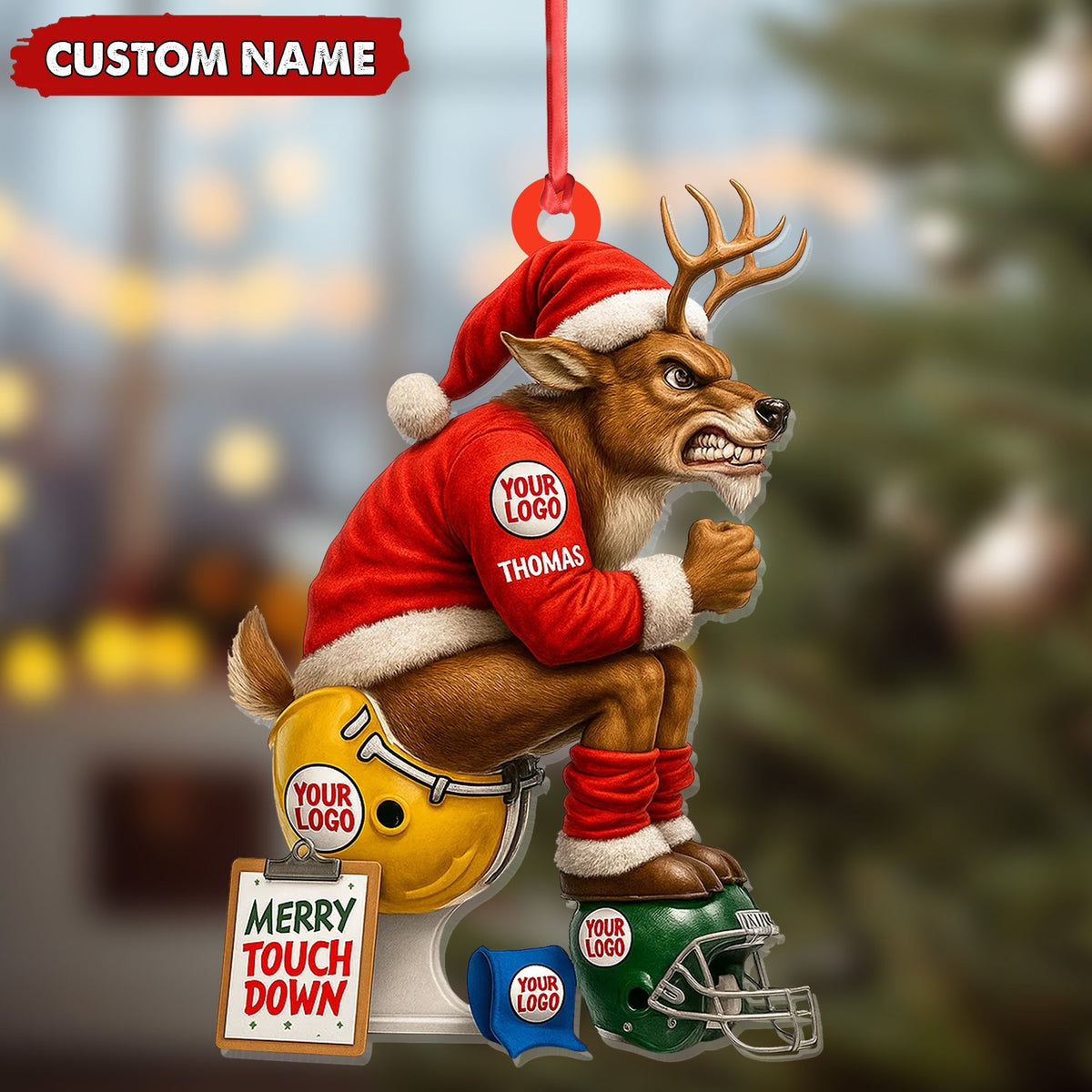 Blisscorners Personalized Football Christmas Ornament, Custom Reindeer Santa Touchdown Decoration, Funny Custom Name Team Logo Gift