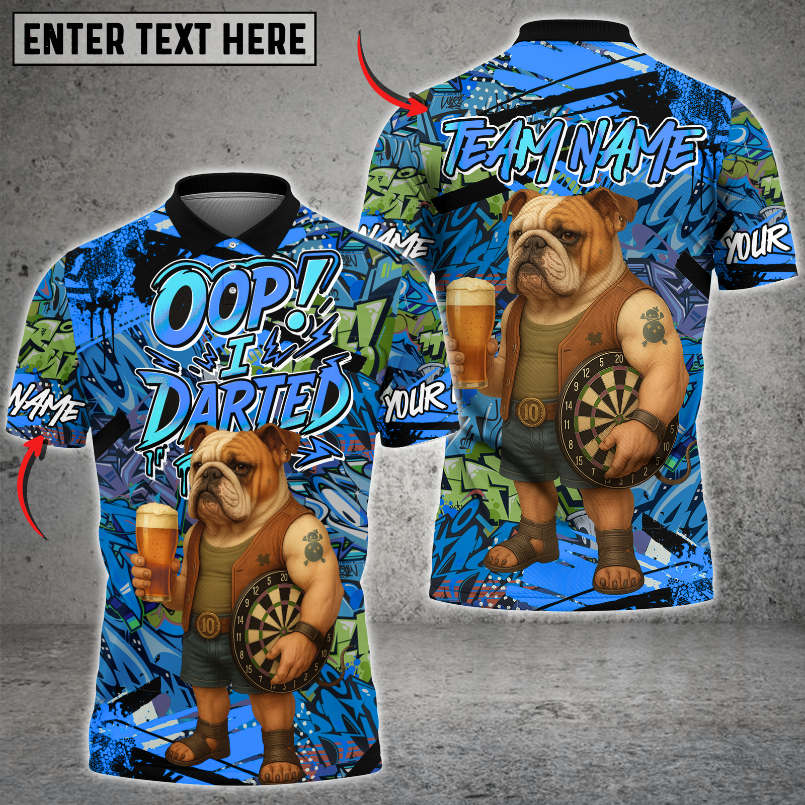 Blisscorners Darts Bulldog Graffiti Design Multicolor Customized Name, Team Name 3D Shirts