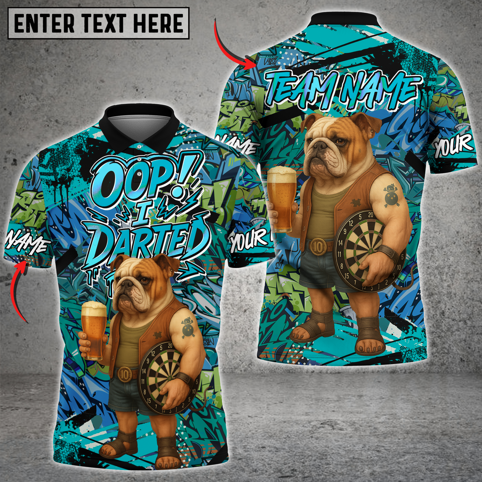 Blisscorners Darts Bulldog Graffiti Design Multicolor Customized Name, Team Name 3D Shirts