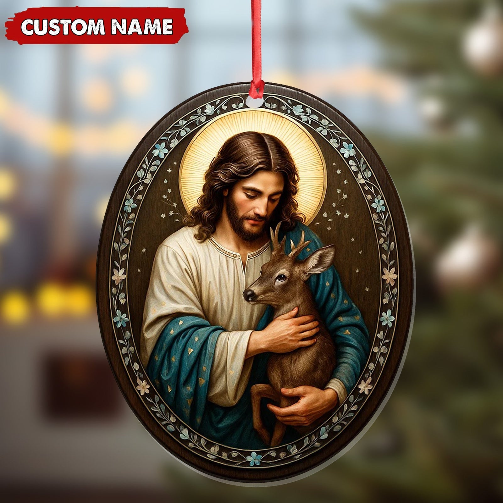 Blisscorners Custom Jesus Holding Deer Christmas Ornament, Personalized Name Christian Tree Decoration, Religious Woodland Gift for Faith Family MT2411