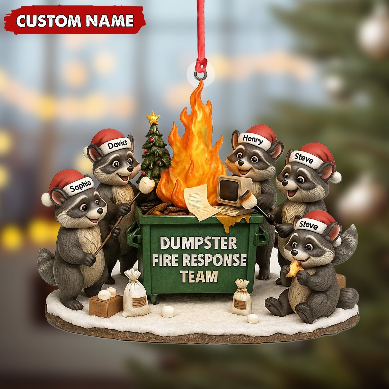 Blisscorners Personalized Dumpster Fire Response Team Christmas Ornament, Custom Name Raccoon Office Crew Gift, Funny Workplace Dumpster Fire Holiday Decor MT2411