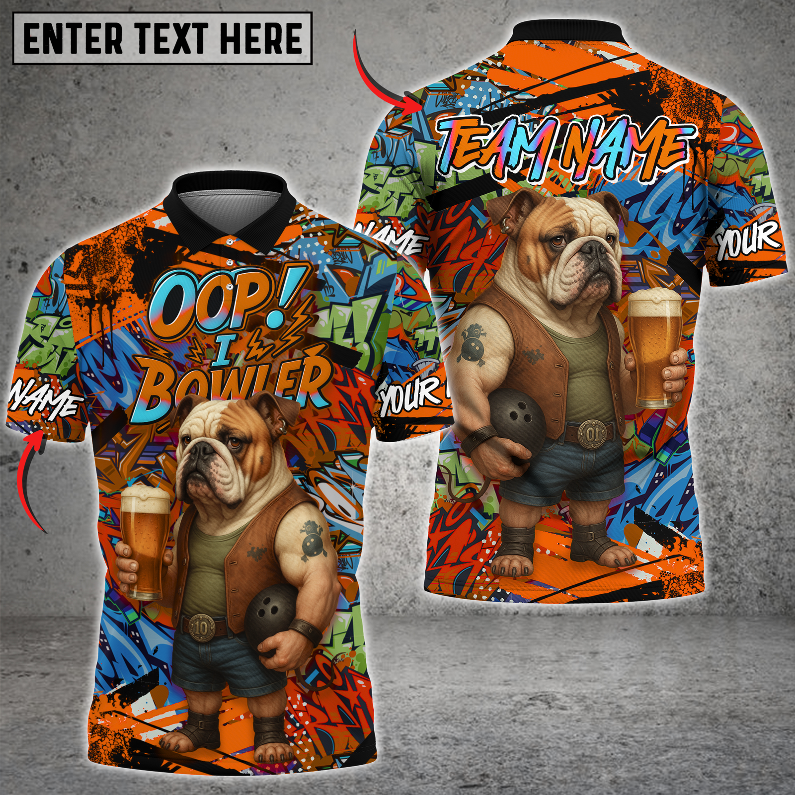 Blisscorners Bowling Bulldog Graffiti Design Multicolor Customized Name, Team Name 3D Shirts