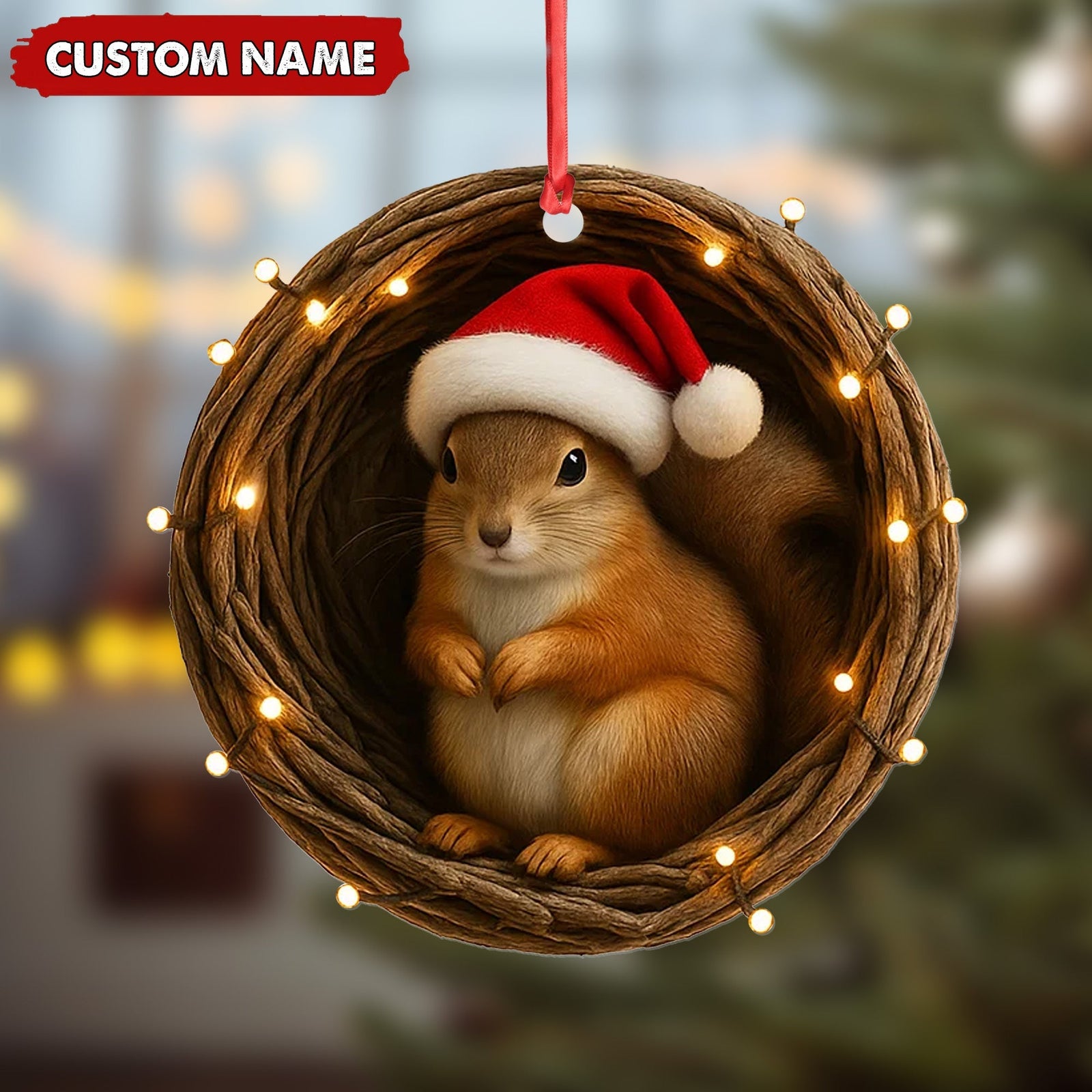 Blisscorners Personalized Squirrel Christmas Ornament, Custom Name Woodland Nest Santa Hat Decoration, Cute Holiday Tree Hanging Gift for Animal Lovers MT2411