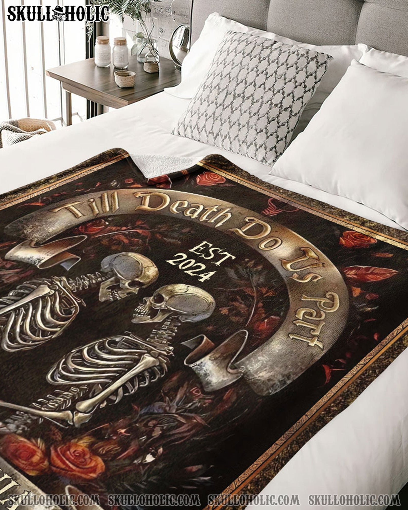 BLISSCORNERS PERSONALIZED TILL DEATH DO US PART SKULL COUPLE FLEECE BLANKET