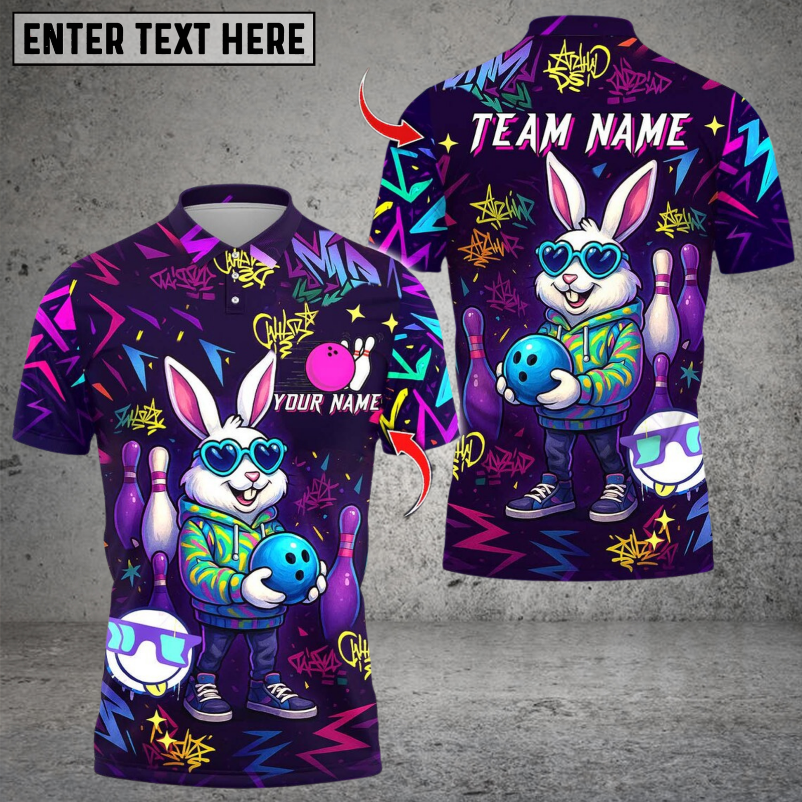 Blisscorners Bowling And Pin Cool Bunny Street Style Graffiti Design Multicolor Customized Name, Team Name 3D Shirts