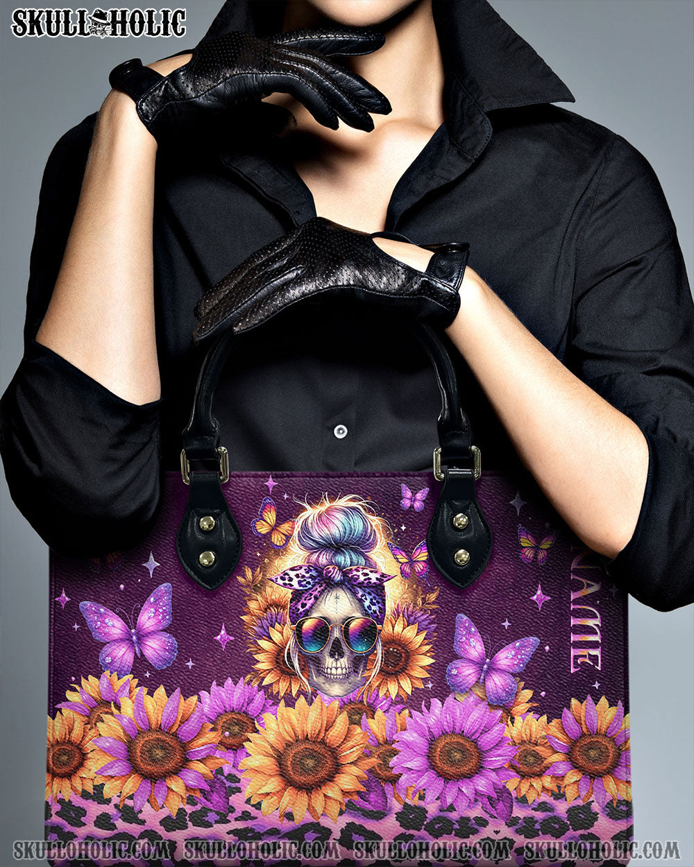 BLISSCORNERS SUNFLOWER LEOPARD MESSY BUN SKULL LEATHER HANDBAG