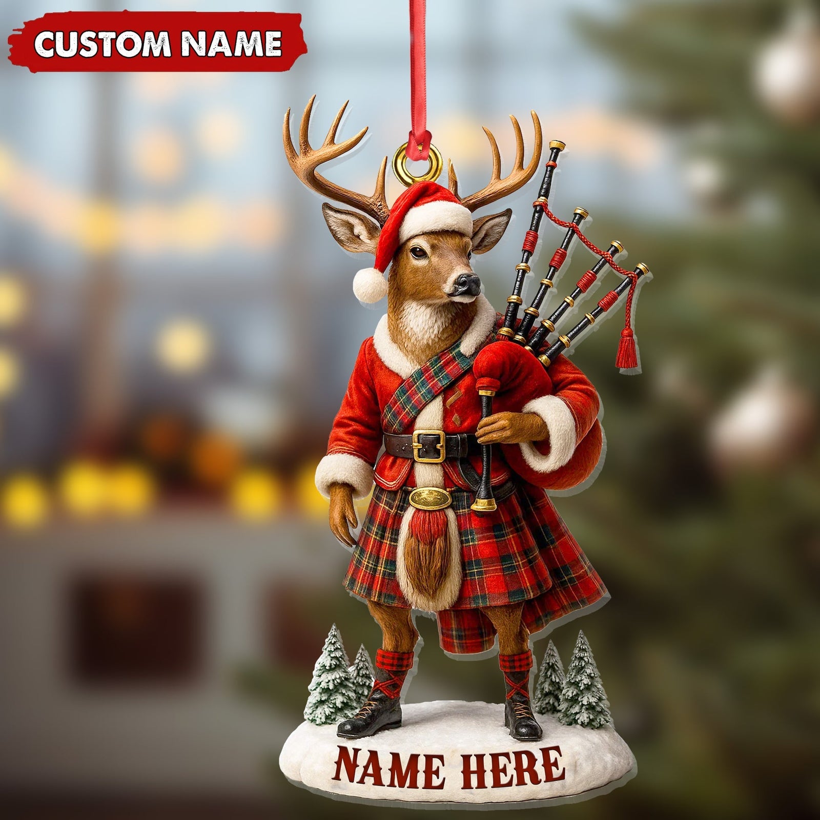 Blisscorners Personalized Scottish Deer Ornament, Custom Name Highland Bagpiper Christmas Decoration
LM0411