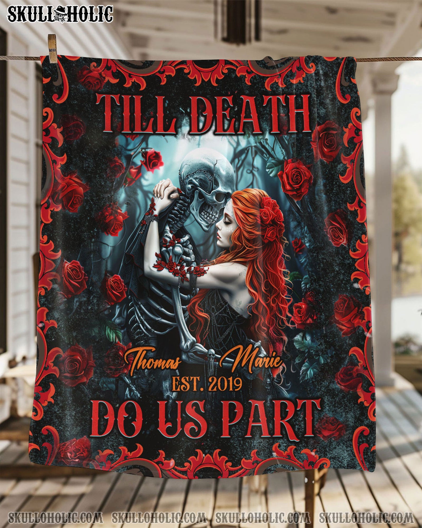 BLISSCORNERS PERSONALIZED TILL DEATH DO US PART COUPLE SKELETON FLEECE BLANKET