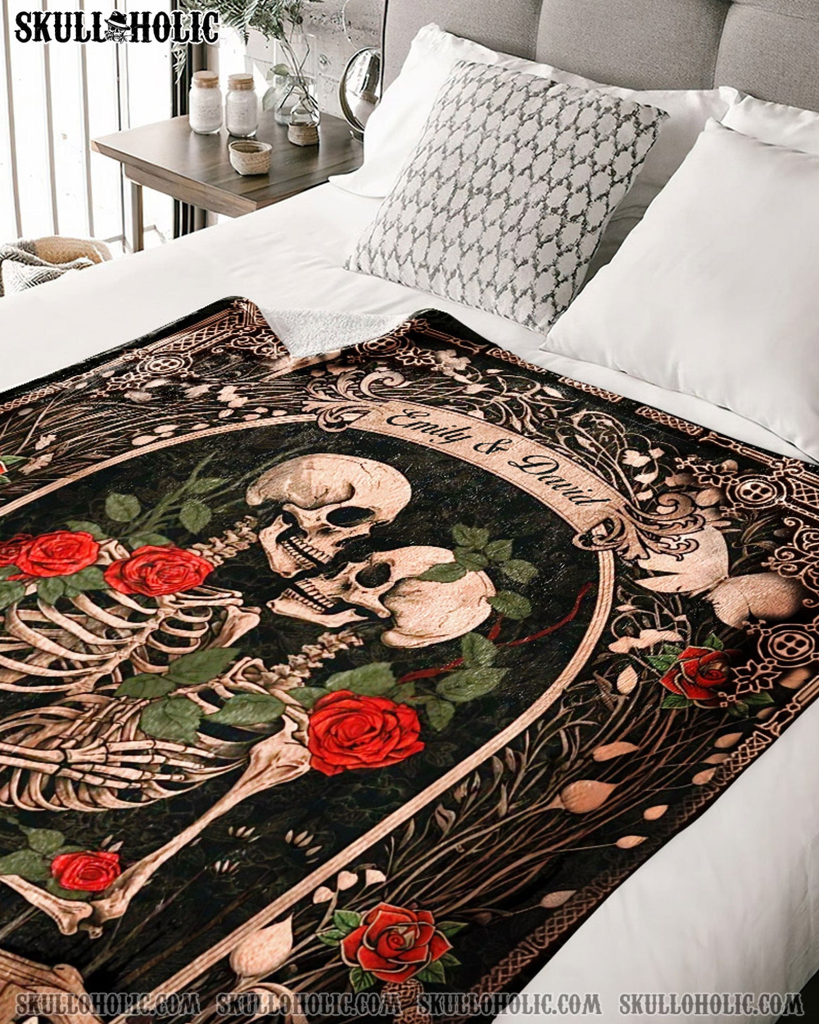 BLISSCORNERS PERSONALIZED DARK ROMANTIC SKELETON COUPLE FLEECE BLANKET