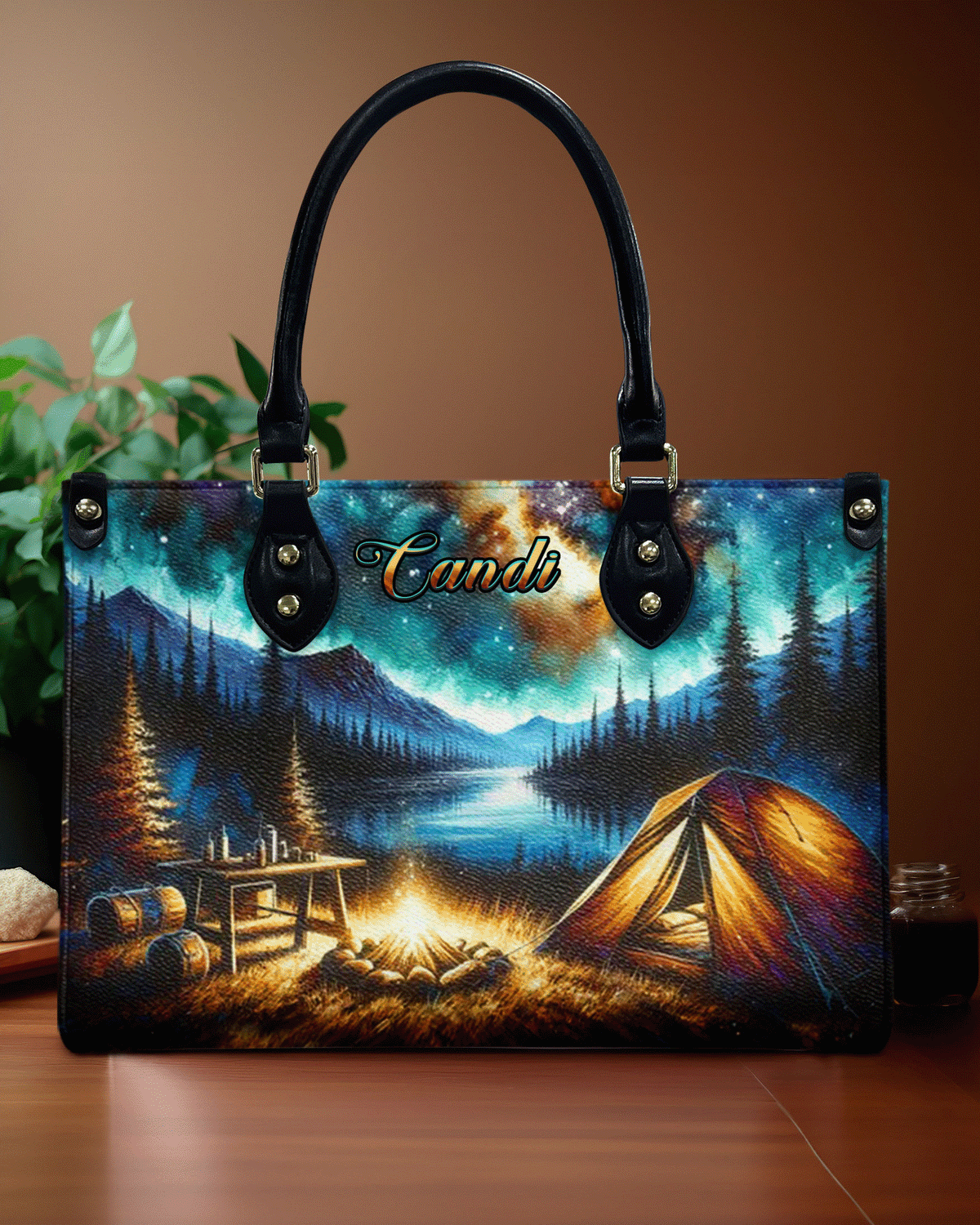 BLISSCORNERS CAMPING SCENE UNDER STARRY NIGHT SKY LEATHER HANDBAG