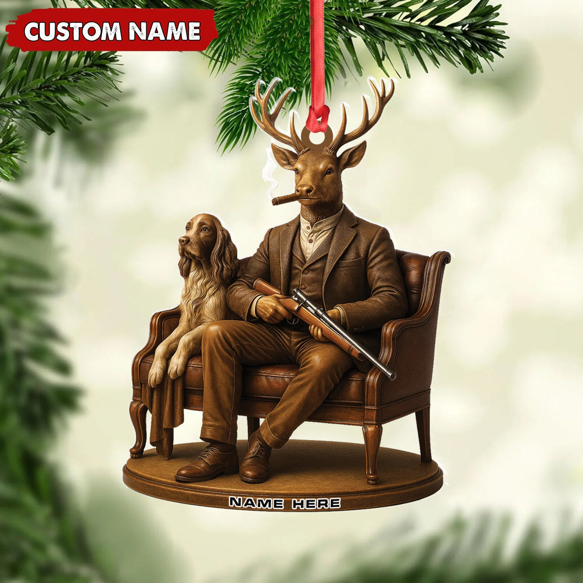 Blisscorners Personalized Acrylic Deer Christmas Ornament - Elegant Hunter Buck with Dog Holding Rifle Holiday Decor LM0110