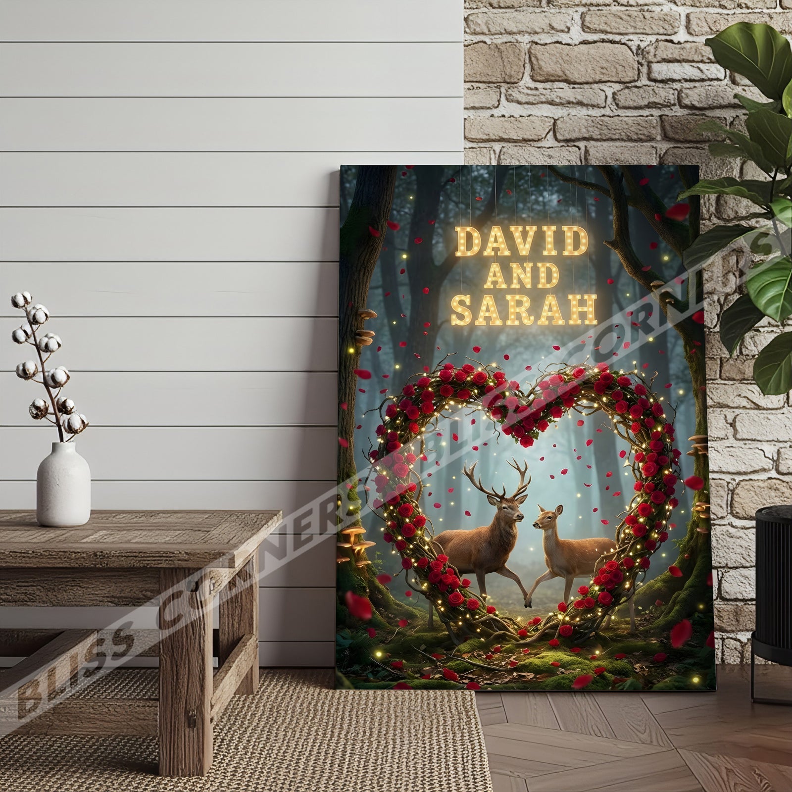Blisscorners Enchanted Deer Couple Rose Heart Woodland Personalized Name Canvas
