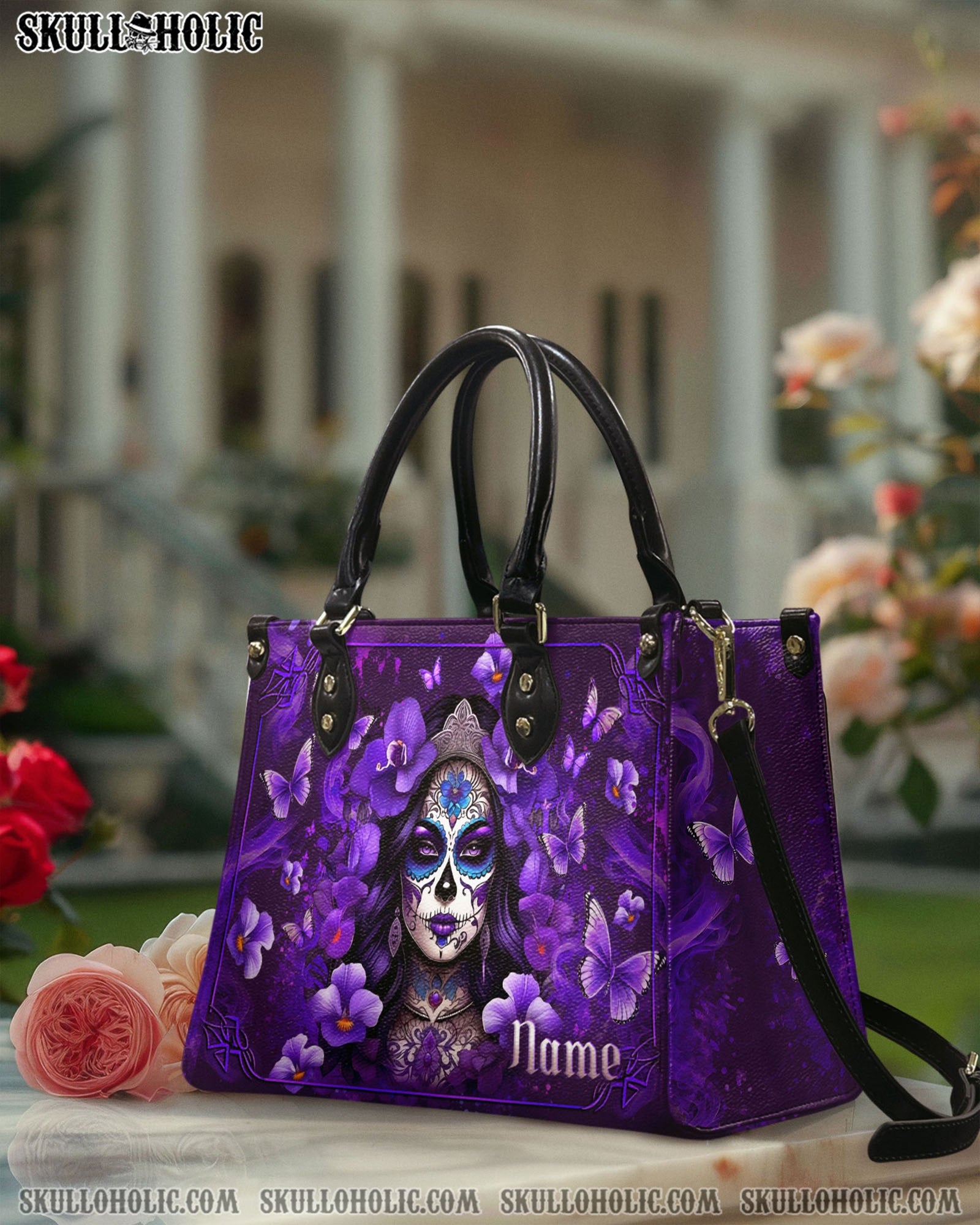BLISSCORNERS SKULL LADY FLOWERS LEATHER HANDBAG