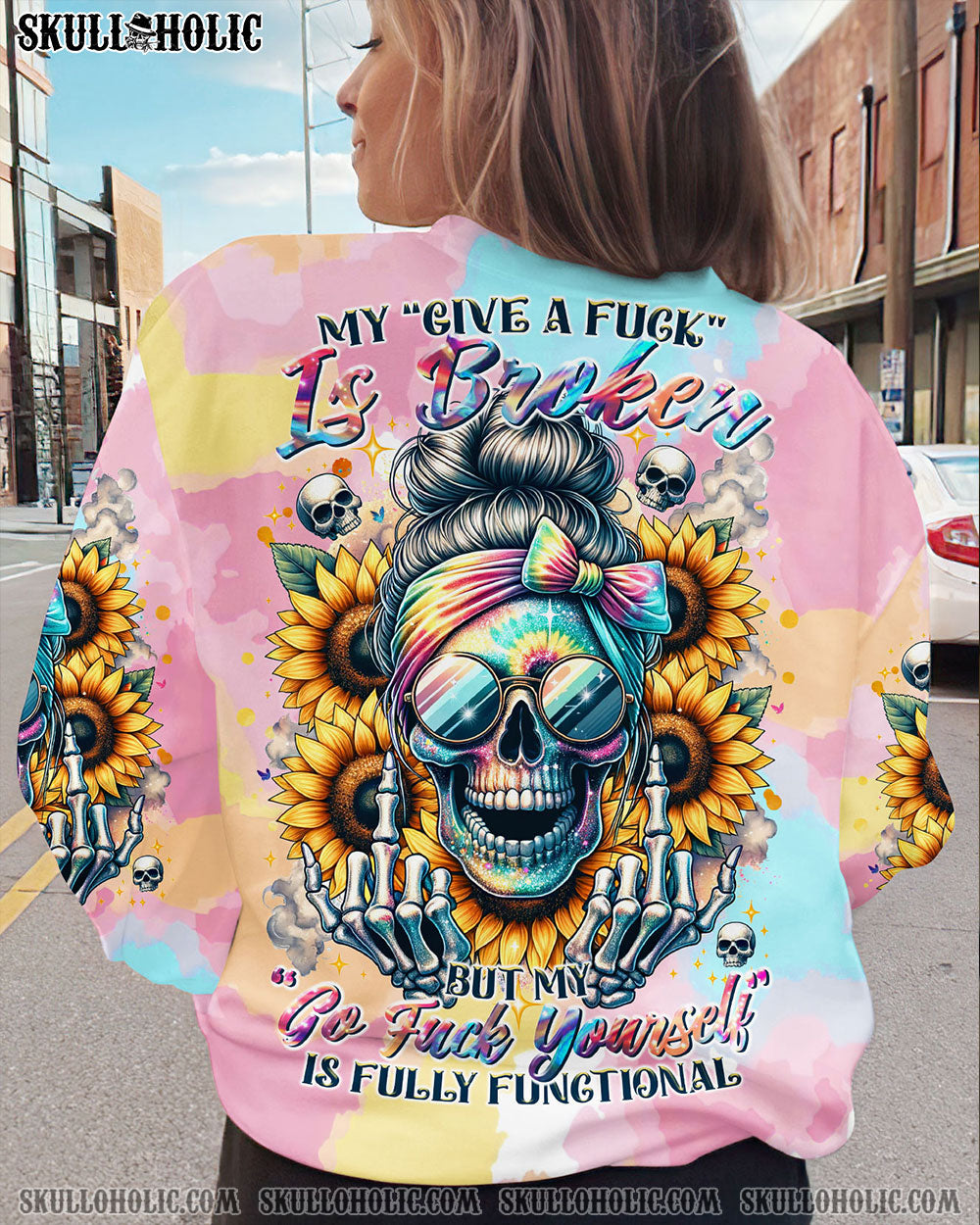 BLISSCORNERS FRAGILE LIKE A BOMB TIE DYE MESSY BUN SKULL ALL OVER PRINT