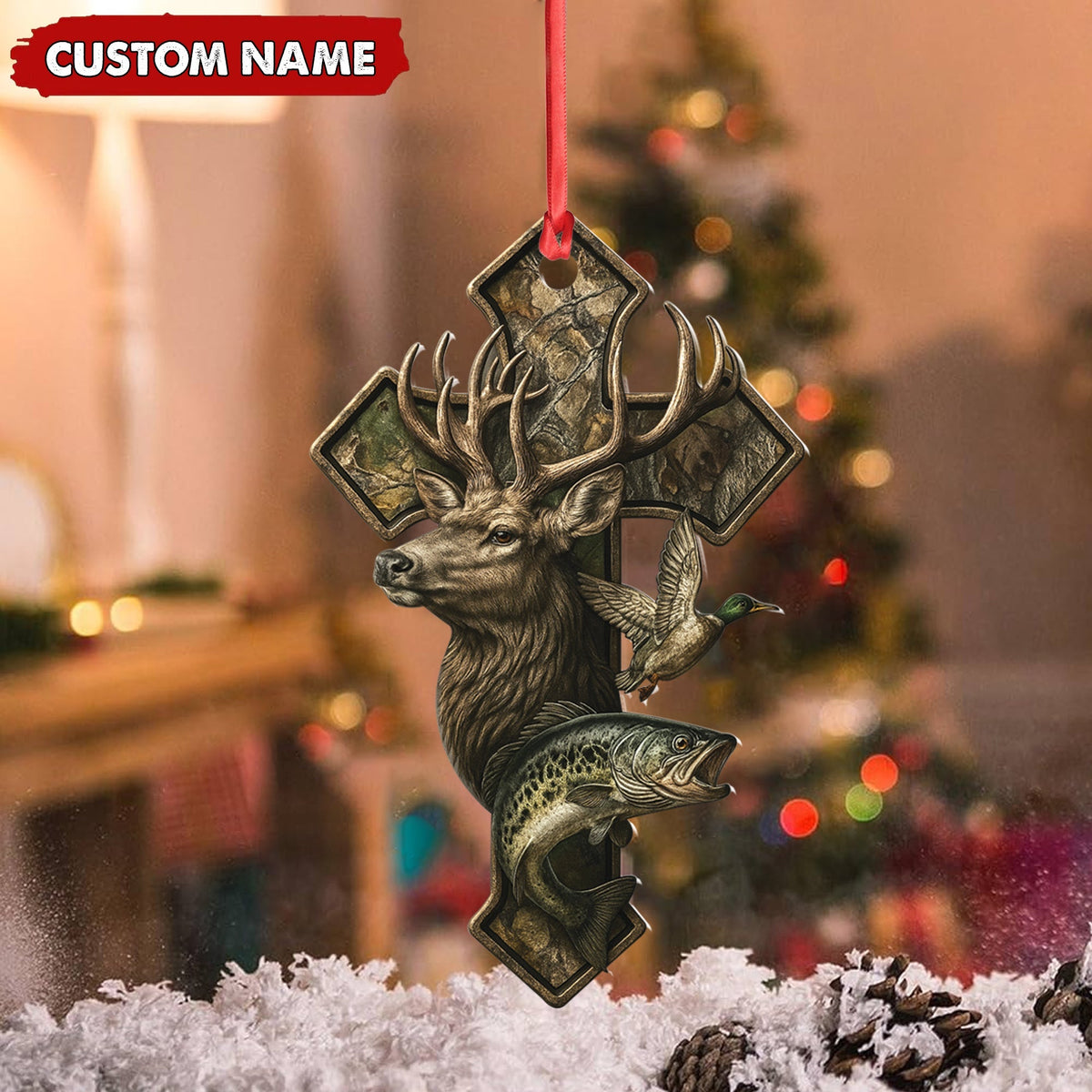 Blisscorners Personalized Hunter Acrylic Ornament - Deer, Duck & Fish Cross Design for Christmas Tree Decor LM0411