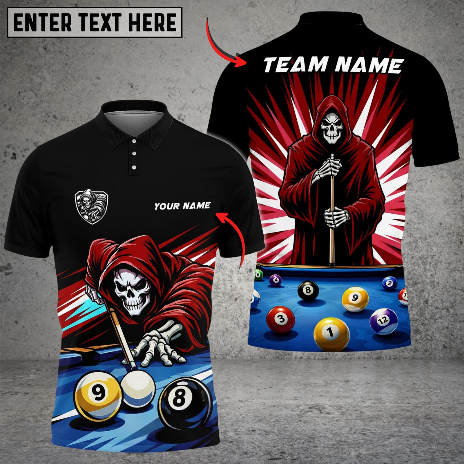 Blisscorners Billiards 8 Ball 9 Ball Reaper Cue Master Customized Name, Team Name 3D Shirt (6 Colors)