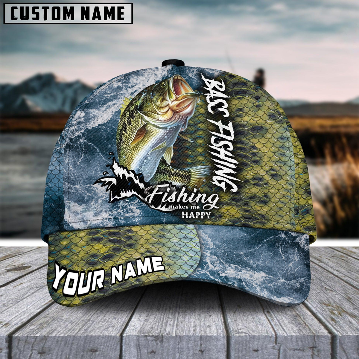 Blisscorners Bass Fishing Skin Seawave Customized Name 3D Cap