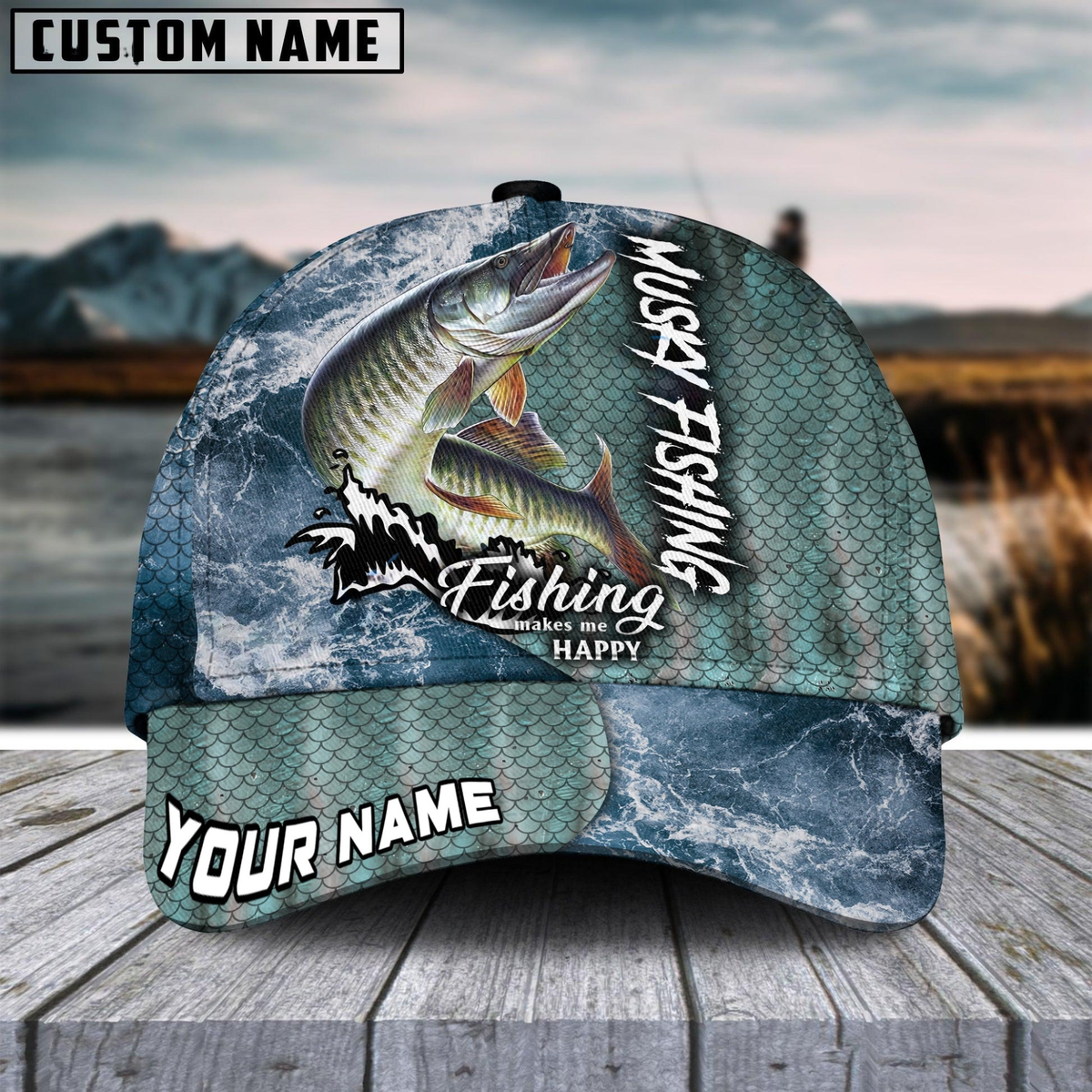 Blisscorners Musky Fishing Skin Seawave Customized Name 3D Cap