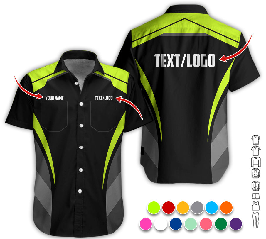 Blisscorners Custom Mechanic Shirt for Men, Printed Pocket Shirt, Yellow Green Mechanic T-Shirt, Unisex Fit for Men and Women, Gift Idea for Car Lovers & Technicians