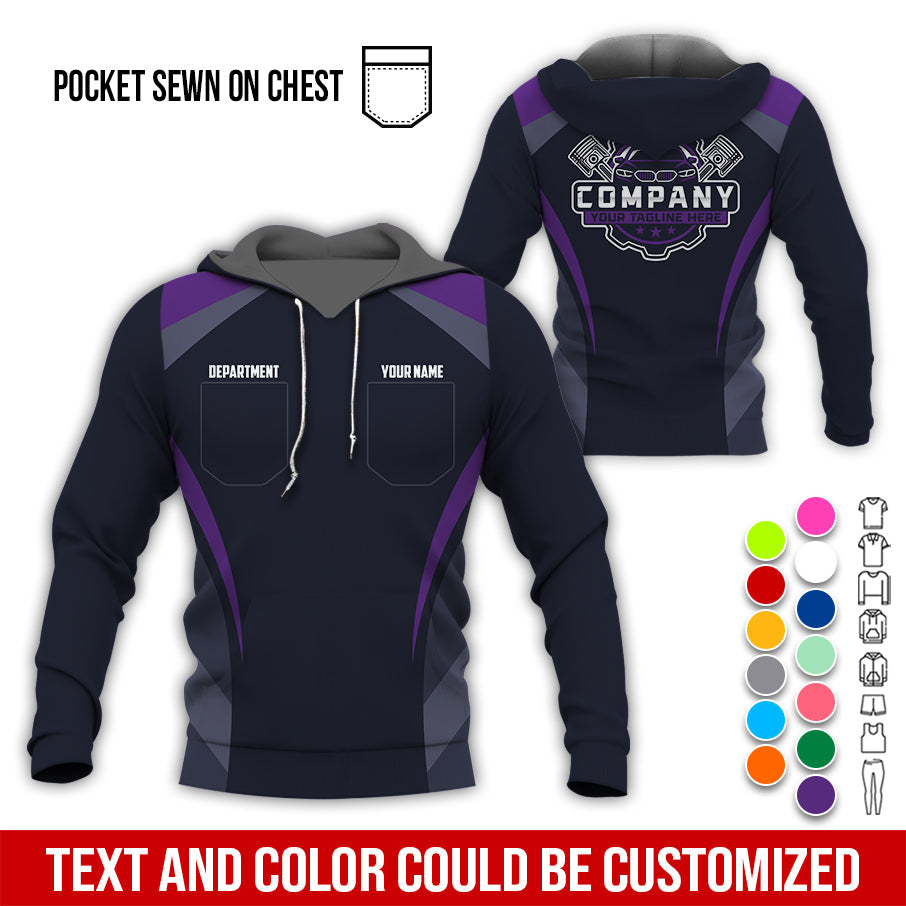 Blisscorners Custom Name Mechanic Shirt, Unisex Purple Crew Shirt for Automotive Workers, Perfect Gift for Him, 3D Printed Pocket Shirt
