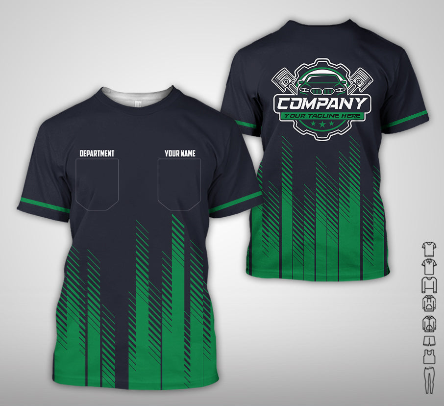 Blisscorners Personalized Mechanic Shirt in Green, 3D Printed Pocket Mechanic Shirt, Custom Name Work Shirt for Car Repair Technicians, Great Gift for Men